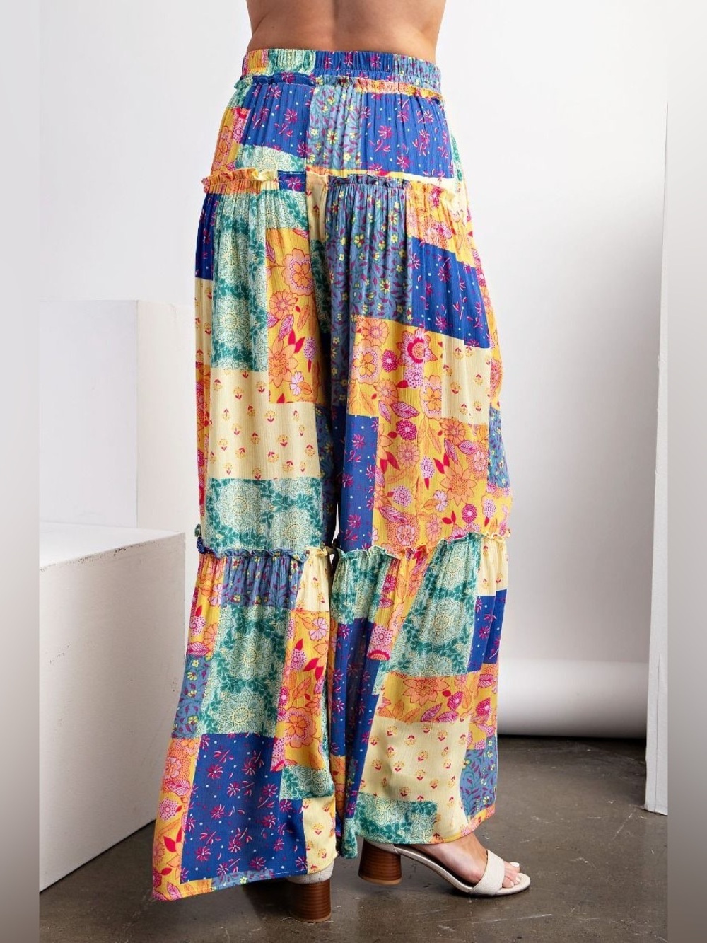 Easel Boho Patchwork Floral Tiered Wide Leg Palazzo Pants Lemon Blue Small - Picture 5 of 5